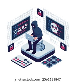 Isometric Cybercrime as a Service CaaS with Hacker and Threats. Cybercrime as a Service CaaS Concept
