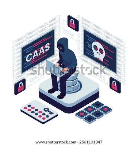 Isometric Cybercrime as a Service CaaS with Hacker and Threats. Cybercrime as a Service CaaS Concept