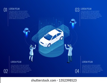 Isometric Cybernetic Robots and people works with a virtual interface in augmented reality. Virtual computer development of a car model using artificial intelligence. Future concept.