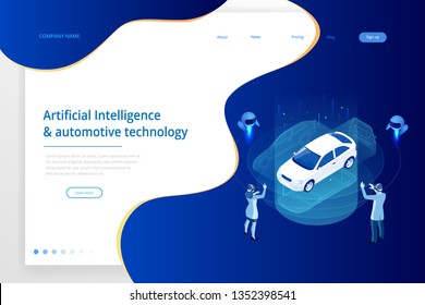 Isometric Cybernetic Robots and people works with a virtual interface in augmented reality. Virtual computer development of a car model using artificial intelligence. Future concept.