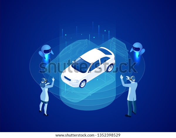 Isometric\
Cybernetic Robots and people works with a virtual interface in\
augmented reality. Virtual computer development of a car model\
using artificial intelligence. Future\
concept.