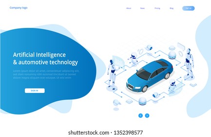 Isometric Cybernetic Robots works with a virtual interface in augmented reality. Virtual computer development of a car model using artificial intelligence. Future concept.