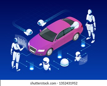 Isometric Cybernetic Robots works with a virtual interface in augmented reality. Virtual computer development of a car model using artificial intelligence. Future concept.