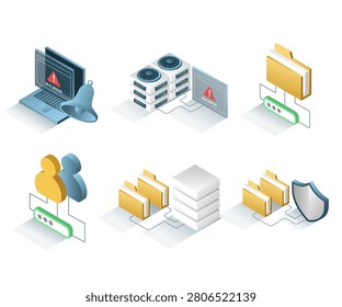 Isometric Cybersecurity Authentication and Secure Data Storage Technology Icon Set