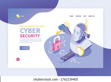 Isometric cybersecurity concept banner for website with network pictogram icons clickable links and read more button vector illustration