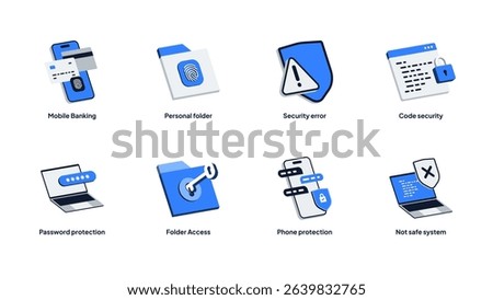 Isometric Cybersecurity and Data Protection Icon Set. Password, Folder, Mobile Security, Code and System Safety. Editable Vector for App, Web, Infographics and Animation.
