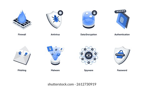 Isometric Cybersecurity and Data Protection Icons. Authentication, Spyware, Antivirus, Phishing, Password, Data Encryption, Malware, Firewall Vectors for Web, App UI, Infographics, Animation.