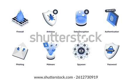 Isometric Cybersecurity and Data Protection Icons. Authentication, Spyware, Antivirus, Phishing, Password, Data Encryption, Malware, Firewall Vectors for Web, App UI, Infographics, Animation.