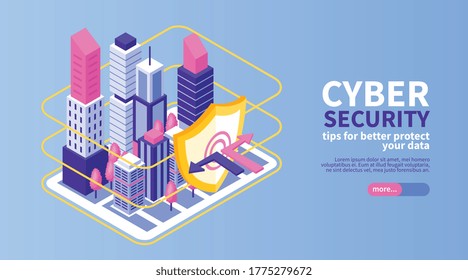 Banner horizontal de ciberseguridad isométrica con imágenes de bloques de ciudades y rascacielos protegidos con ilustración vectorial de icono de escudo