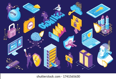 Isometric cybersecurity horizontal set of isolated icons and robber characters with electronic devices and protection signs vector illustration