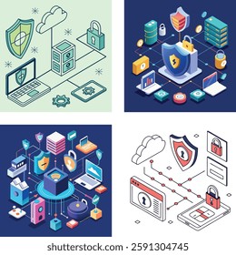 Isometric Cybersecurity Illustration – Data Protection and Network Security Vector Art"
Prompt: "Design an isometric illustration focusing on cybersecurity, featuring elements like shields, locks, and