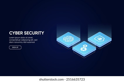 Ilustración vectorial de ciberseguridad isométrica: protección digital segura, cifrado de datos y diseño de seguridad de red. huella digital futurista con sistema de datos en isométrico.