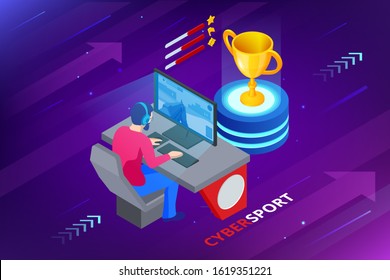 Isometric Cybersports competition. Cybersport arena with gamers. Online game tournament in player vs player format. Cybersport competition with winner cup.