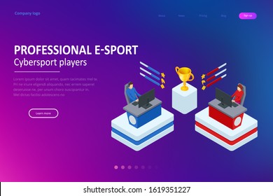 Isometric Cybersports competition. Cybersport arena with gamers. Online game tournament in player vs player format. Cybersport competition with winner cup.