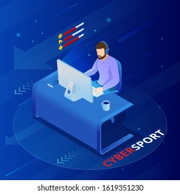 Isometric Cybersports competition. Cybersport arena with gamers. Online game tournament in player vs player format. Cybersport competition with winner cup.