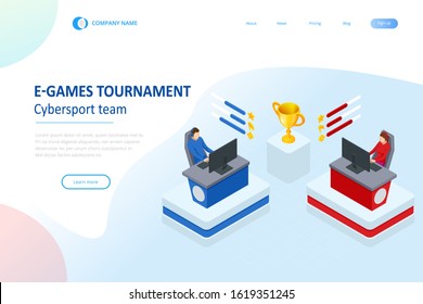 Isometric Cybersports competition. Cybersport arena with gamers. Online game tournament in player vs player format. Cybersport competition with winner cup.