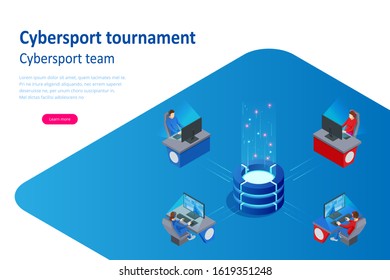 Isometric Cybersports competition. Cybersport arena with gamers. Online game tournament in player vs player format. Cybersport competition with winner cup.