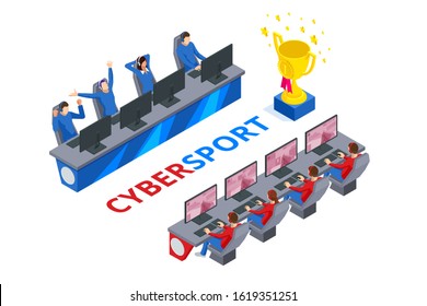 Isometric Cybersports competition. Cybersport arena with gamers. Online game tournament in player vs player format. Cybersport competition with winner cup.