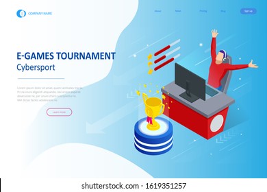 Isometric Cybersports competition. Cybersport arena with gamers. Online game tournament in player vs player format. Cybersport competition with winner cup.