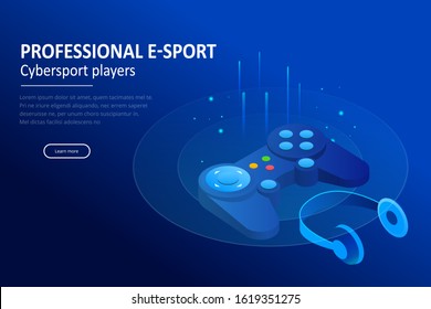 Isometric Cybersports competition. Cybersport arena with gamers. Online game tournament in player vs player format. Cybersport competition with winner cup.