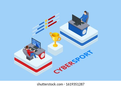 Isometric Cybersports competition. Cybersport arena with gamers. Online game tournament in player vs player format. Cybersport competition with winner cup.