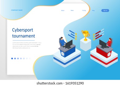 Isometric Cybersports competition. Cybersport arena with gamers. Online game tournament in player vs player format. Cybersport competition with winner cup.
