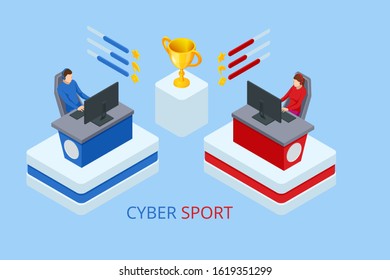 Isometric Cybersports competition. Cybersport arena with gamers. Online game tournament in player vs player format. Cybersport competition with winner cup.