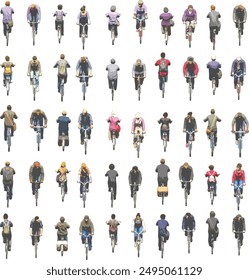 Isometric Cycling People Set from Side, Front, and Back Views on White Background - Vector EPS