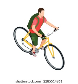 Isometric cyclist icon man travelling by bike with backpack vector illustration