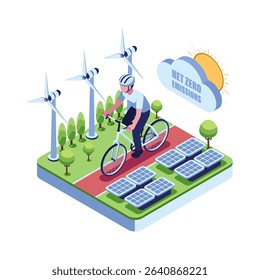 Isometric Cyclist Riding Through a Net Zero Emissions Environment Surrounded by Wind Turbines Solar Panels. Net Zero Emissions and Sustainable Energy Concept