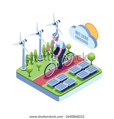 Isometric Cyclist Riding Through a Net Zero Emissions Environment Surrounded by Wind Turbines Solar Panels. Net Zero Emissions and Sustainable Energy Concept