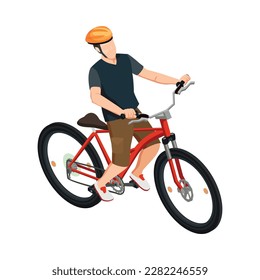 Isometric cyclist wearing helmet on bike 3d vector illustration