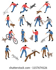 Isometric cynologist set of isolated icons and images of dogs and people during education training routine vector illustration