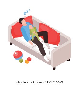 Isometric dad father parenthood children composition with sleeping man lying on sofa with his baby vector illustration