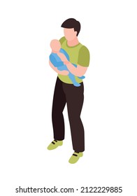 Isometric dad father parenthood children composition with man holding baby in his arms vector illustration