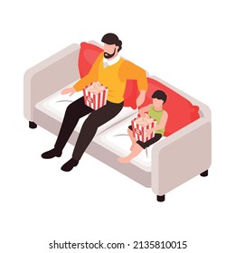 Isometric dad father parenthood children composition with boy and man watching movie eating popcorn vector illustration