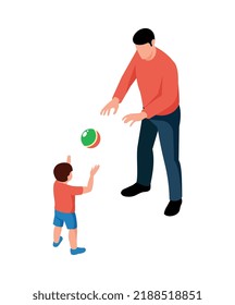 Isometric dad and his son playing with ball 3d vector illustration