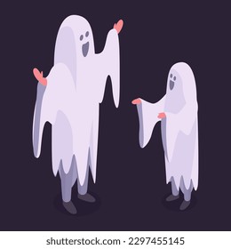 Isometric dad and son wearing ghost costumes. Halloween party masquerade characters, trick or treat night 3d vector illustration