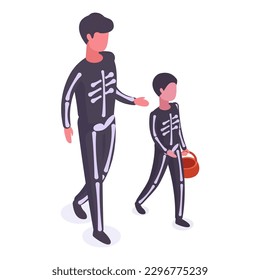 Isometric dad and son wearing skeleton costumes. Halloween party masquerade characters, trick or treat night 3d vector illustration