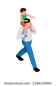 Isometric dad walking with his son sitting on shoulders 3d vector illustration