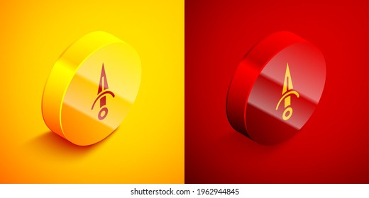 Isometric Dagger icon isolated on orange and red background. Knife icon. Sword with sharp blade. Circle button. Vector