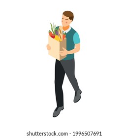 Isometric daily routine icon with man carrying paper bag with food 3d vector illustration