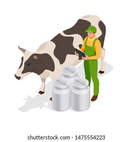 Isometric Dairy Cattle Set. Farmer Collecting Milk At His Dairy Farm Cows Collection. Isolated On White Background.