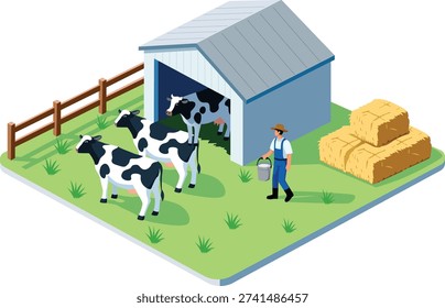 Isometric dairy farm illustration featuring cows near a barn, a farmer working outdoors, wooden fence, green grass field, and stacked hay bales. Modern flat vector design isolated on light background.