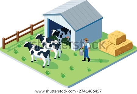 Isometric dairy farm illustration featuring cows near a barn, a farmer working outdoors, wooden fence, green grass field, and stacked hay bales. Modern flat vector design isolated on light background.