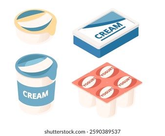 Isometric dairy food collection. Blue cylindrical cream and yogurt container. Rectangular butter package. Cooking dairy products. Grocery store food. Vector illustration isolated on white background.