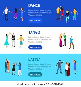 Isometric Dancing People Banner Horizontal Set Solo or Pairs on Music Party, Disco. Vector illustration of Dancers Persons