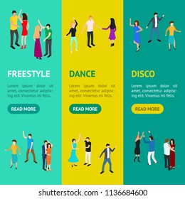 Isometric Dancing People Characters Banner Vecrtical Set Solo or Pairs on Music Party, Disco. Vector illustration of Dancers Persons