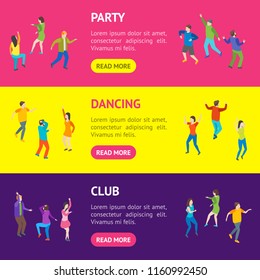 Isometric Dancing People Characters Banner Horizontal Set Music Party, Disco. Vector illustration of Dancers Persons