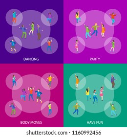 Isometric Dancing People Characters Banner Set Music Party, Disco. Vector illustration of Dancers Persons